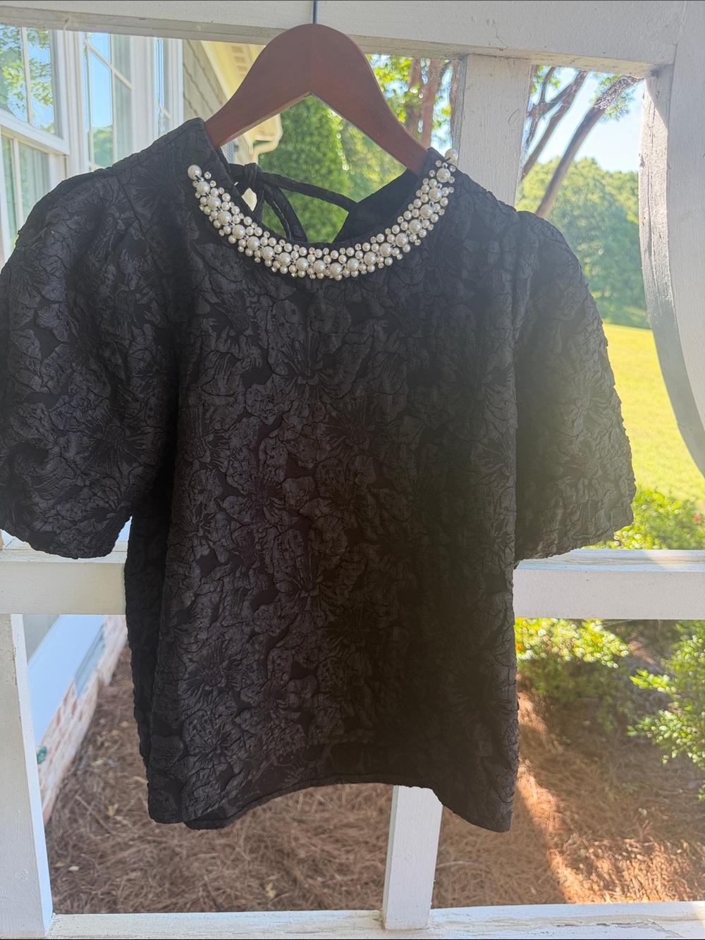 hazel Black Pearl-Embellished Textured Short Sleeve Top